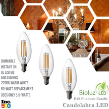 Bioluz LED 60W Candelabra Dimmable Filament LED 2700K Warm White E12 Base