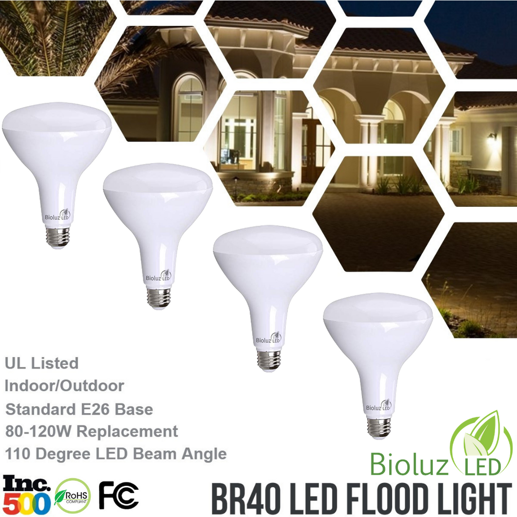 Bioluz LED BR40 LED Bulbs 90 CRI 100W and 120W Replacement Dimmable Flood Light Bulbs 90 CRI + Outdoor / Indoor CEC Title 20 UL Listed Title 20 Certified