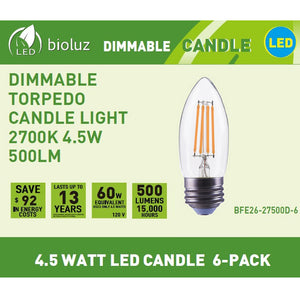 Bioluz LED 60 Watt Candelabra Bulbs Dimmable – E26 Medium Base