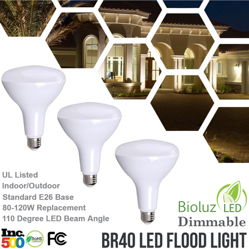 Bioluz LED BR40 LED Bulbs 90 CRI 100W and 120W Replacement Dimmable Flood Light Bulbs 90 CRI + Outdoor / Indoor CEC Title 20 UL Listed Title 20 Certified