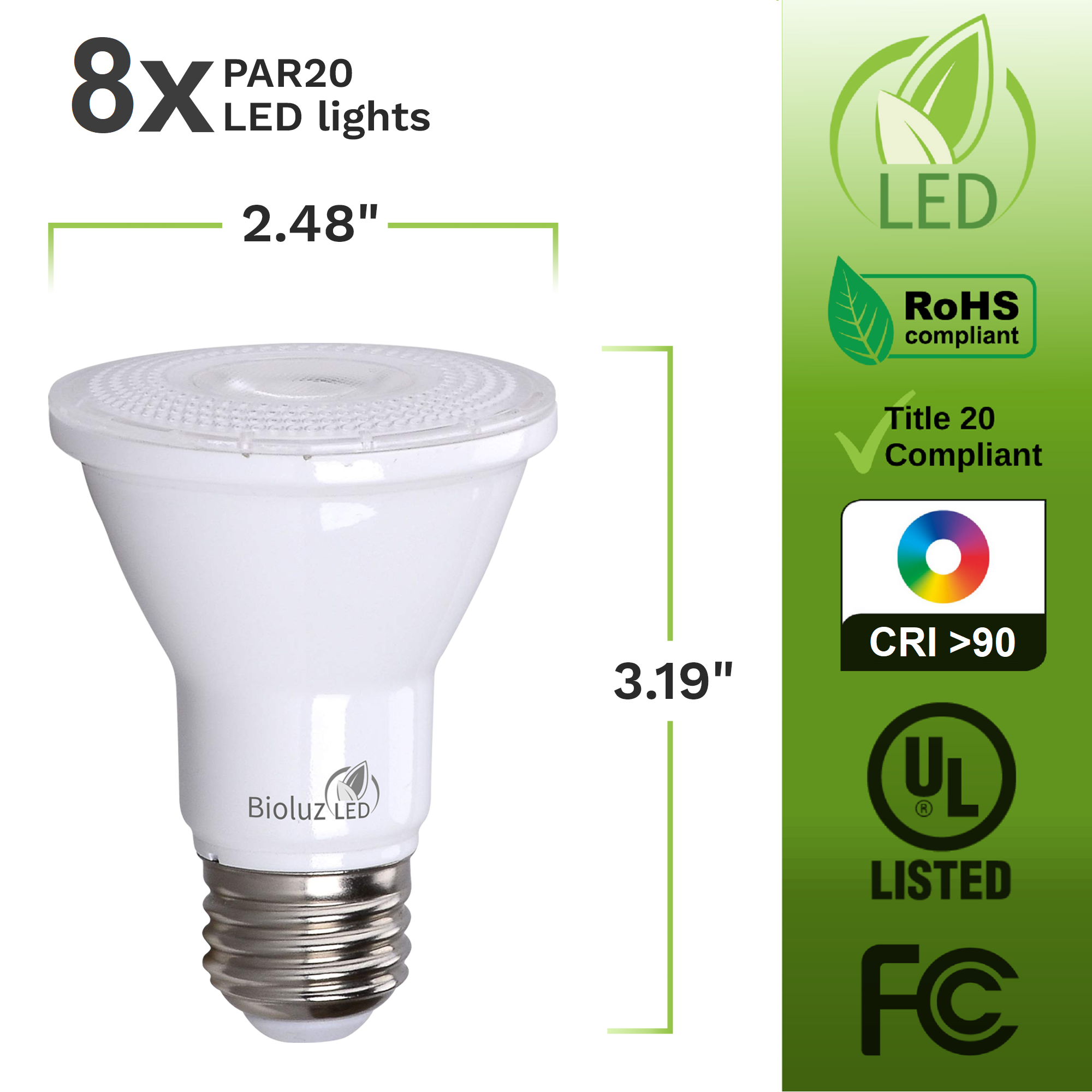 par20 grow light bulb 8 Pack PAR20 LED Bulb 75W Replacement 90 CRI Indoor / Outdoor Dimmable Spot Light Bulb by Bioluz LED UL Listed CEC Title 20 5000K Daylight