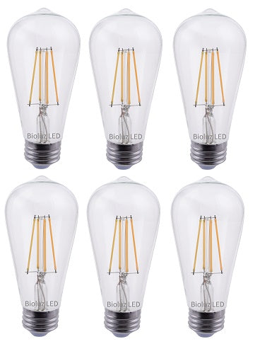 Bioluz LED Dimmable Edison Light Bulbs 800 Lumen Warm White 2700K 60W Replacement ST64 / ST19 / ST58 7W E26 Standard Base Pack of 6
