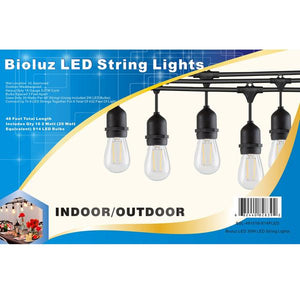 Bioluz LED String Lights, 48ft Weatherproof, 15 Edison Bulbs, Connectable Strands